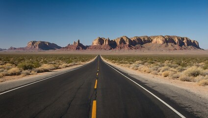 Empty highway stretching into the horizon, surrounded by vast arid desert with dramatic rock formations under clear blue sky.