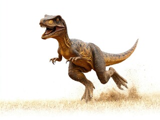 Fototapeta premium Dinosaur Running Energetically on Sandy Terrain in a Natural Landscape Setting