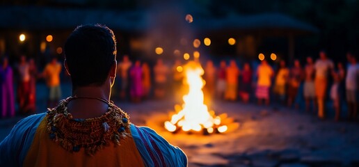 Cultural bonfire gathering, People united by ancient traditions and ritual fire