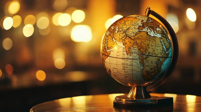 ancient library interior with earth globe with many books