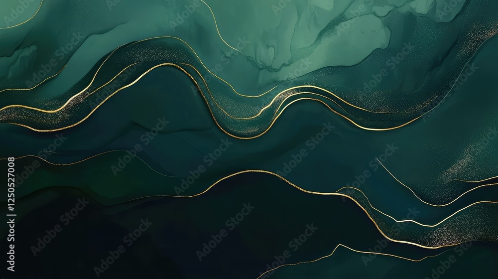 Aufkleber abstract fluid art design with green and teal waves accented by elegant golden lines creating a tran