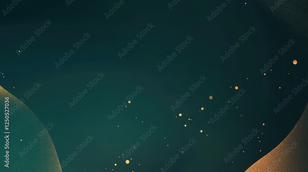 Poster abstract background with fluid shapes and golden particles shimmering against a deep green backdrop 