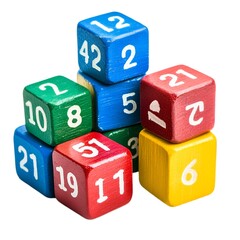 Brightly colored math blocks with visual numbers and addition or subtraction symbols for interactive math education, isolated on white background on white background - Image