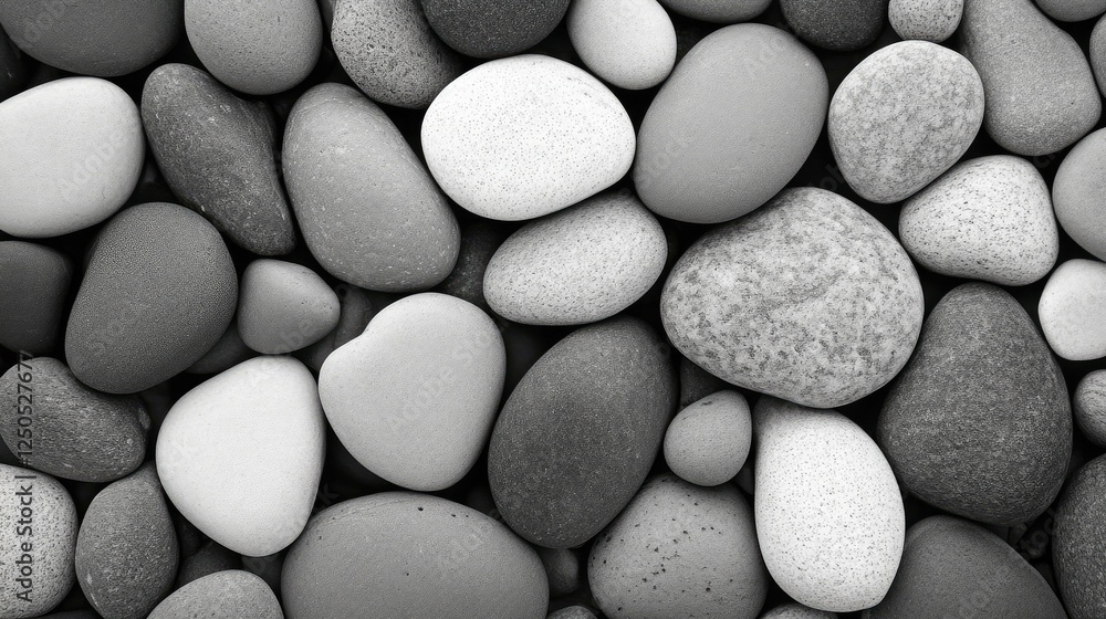 Aufkleber a close-up view of smooth pebbles and stones arranged in various shapes and sizes featuring a monoch