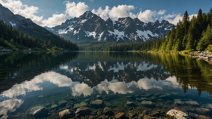 Obraz premium Crystal-clear alpine lake reflecting snow-capped mountains under a vibrant blue sky, with still water and natural rocky shoreline.