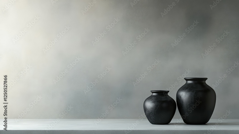 Poster elegant black vases displayed on a minimalist shelf against a subtle textured background for modern 