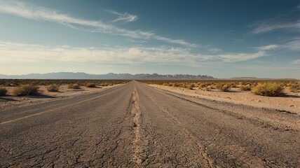 Desolate Desert Road Vanishing into Distant Mountains under a Blue Sky
