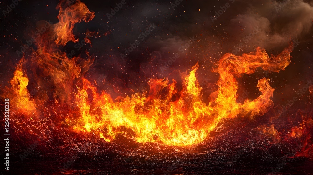 Poster raging inferno of towering flames engulfing the environment in a dramatic and apocalyptic fiery blaz