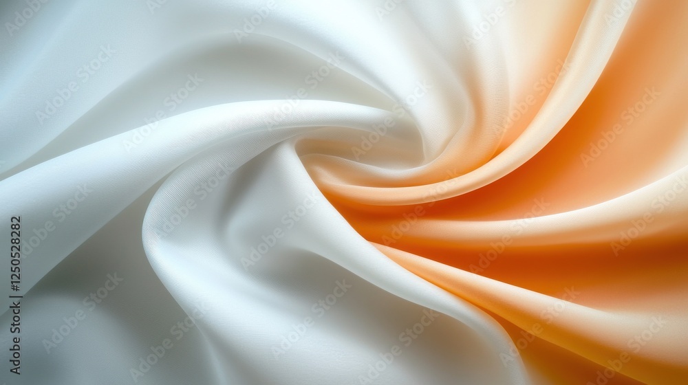 Poster flowing fabric patterns in soft white and orange textiles workshop close-up artistic abstract concep