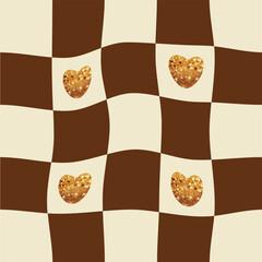 Fototapeta premium Gold glitter hearts valentine february 14 cool background set lines waves psychedelic grid swirl print hippie 1970s aesthetic mocha mousse swirl background