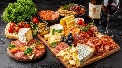 Obraz premium Gourmet food fine dining fusion concept. A vibrant charcuterie board featuring assorted cheeses, cured meats, fresh fruits, and wine, perfect for gatherings or celebrations.