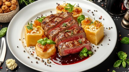Gourmet food fine dining fusion concept. A beautifully plated steak dish with creamy sides, garnished with fresh herbs and served with a rich sauce, creating an inviting culinary experience.