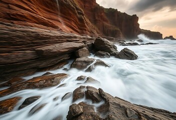 Red Cliffs Ocean Waves Crashing Rocks