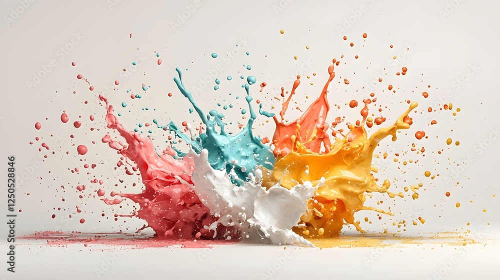 Poster dramatic and captivating image of a vibrant multicolored paint explosion splashing dynamically and c