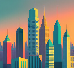 Obraz premium Sunset Cityscape Background. City Buildings Colorful Infrastructure. Monochrome Cityscape With Street. Modern Architecture Panorama In Flat Style. Illustration Horizontal Wallpaper.generative ai