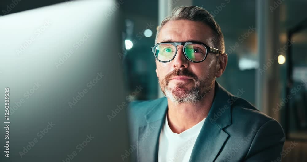 Poster Problem solving, thinking and business man on computer, reading email or cryptocurrency advisor planning. Office, technology and mature manager with idea for investment, trading and overtime at night