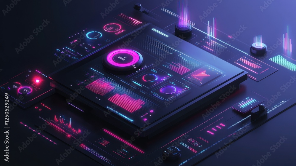 Poster futuristic technology interface with glowing neon elements and data visualization