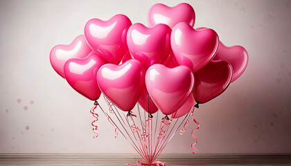 Isolated pink heart-shaped balloons on light background for Valentine's Day.