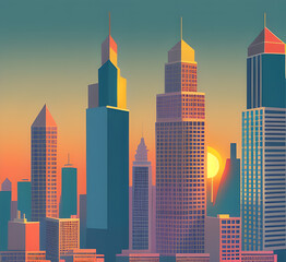 Naklejka premium Sunset Cityscape Background. City Buildings Colorful Infrastructure. Monochrome Cityscape With Street. Modern Architecture Panorama In Flat Style. Illustration Horizontal Wallpaper.generative ai