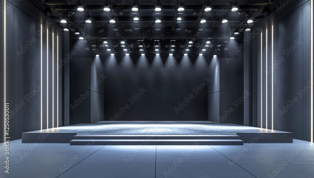 Poster Modern Stage Design: Illuminated Platform with Geometric Walls and Spotlights for Event Presentation