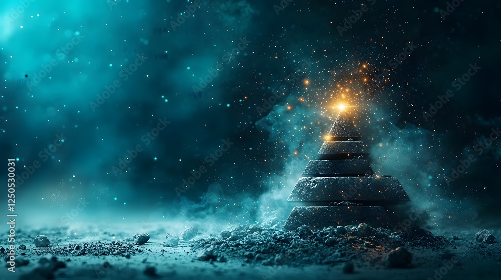 Poster mystical and futuristic scene depicting a pyramidal structure emanating a glowing energy against a b