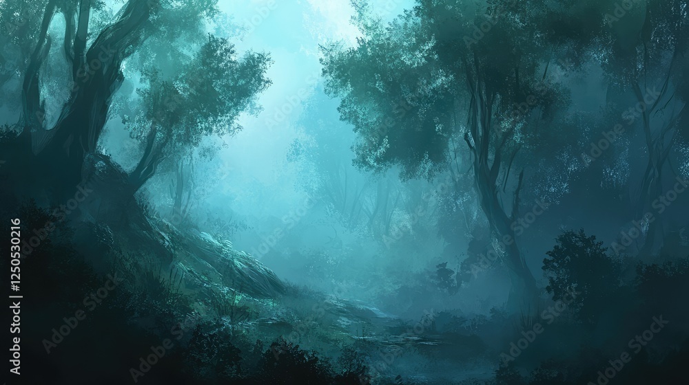 Aufkleber enchanting forest with mist and soft light creating a mystical atmosphere in a serene natural enviro