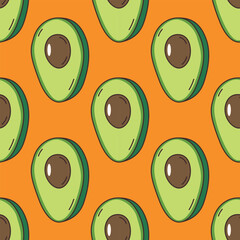 Avocado healthy fruit seamless pattern on orange background hand-drawn doodle vector.