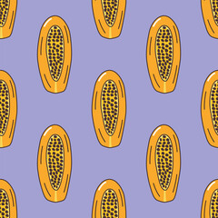 Papaya halved healthy fruit seamless pattern on purple background hand-drawn doodle vector.