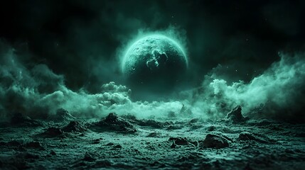 Eerie Cosmic Seascape with Mysterious Glowing Moon and Ethereal Green Clouds   A surreal futuristic landscape with a dark ominous atmosphere and an otherworldly fantastical feel