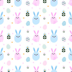 Cute seamless Easter pattern with pastel bunnies, decorated eggs, and spring flowers on a white background. Perfect for fabrics, wallpapers, gift wrap, and festive designs.