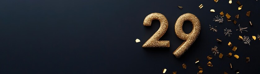Golden 29th birthday banner, confetti, dark