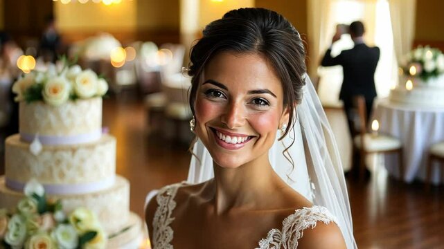 pretty Caucasian bride holding bridal bouquet smiling at wedding ceremony