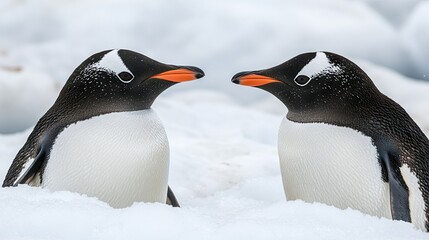 Obraz premium Gentoo Penguins Facing Each Other on Snowy Terrain in a Natural Habitat