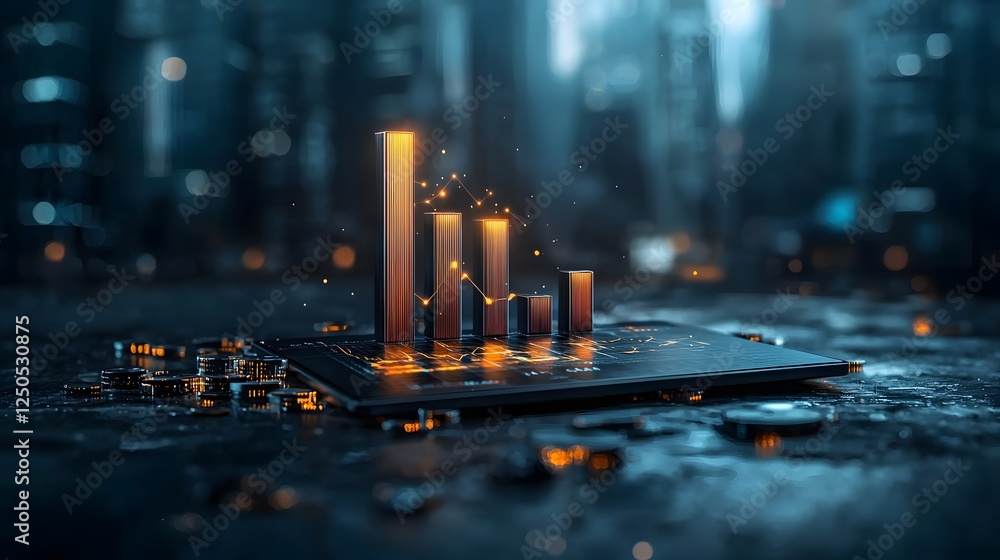 Poster futuristic cityscape at night with glowing financial data charts graphs and statistics displayed on 