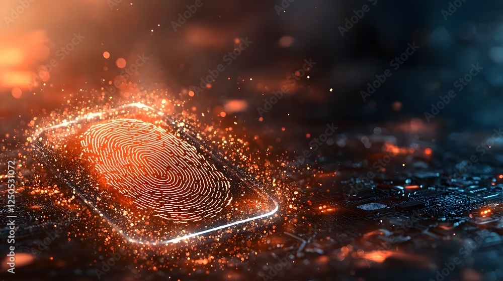 Poster close up view of a detailed fingerprint scan on a dark background representing biometric technology 