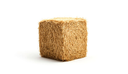 Beautiful straw bale isolated on a white background, PNG. Closeup of hay in a square shape. Isolated hay cube or stack of straw for animal food. Farming and agriculture concept. 