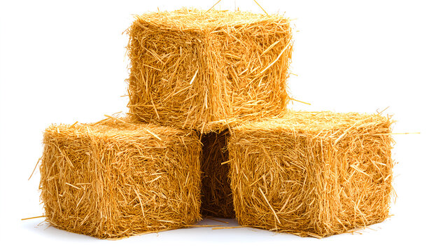 Beautiful straw bale isolated on a white background, PNG. Closeup of hay in a square shape. Isolated hay cube or stack of straw for animal food. Farming and agriculture concept. 