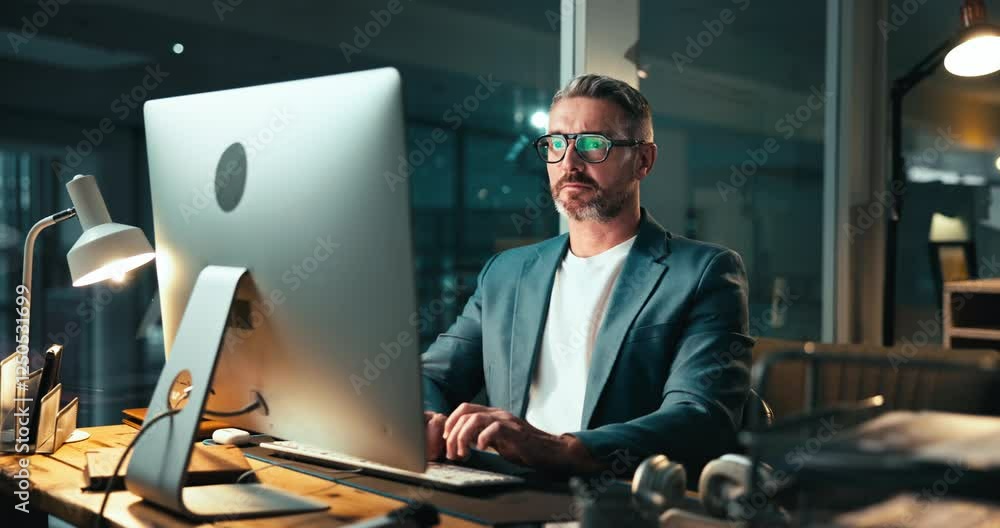 Fototapete Night, programmer and typing at computer for coding, web development or project in office. Mature coder, glasses or research at technology for business cybersecurity, problem solving or deadline work