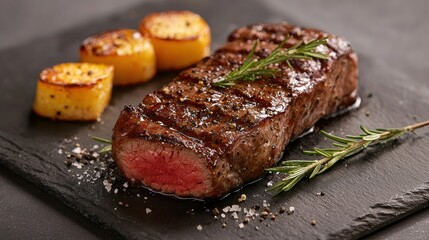 A succulent grilled steak with a tender pink center, garnished with fresh rosemary, served alongside golden roasted potatoes on a dark slate plate.