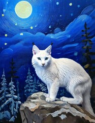 Fierce Albino bobcat in the winter forest on a rocky ledge. At night. Clouds and Starry sky. Blue color palette