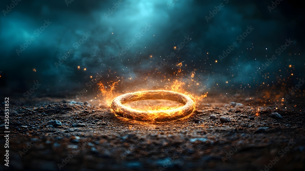 Poster ethereal fiery ring bursting with mystical energy against a dark atmospheric backdrop creating a cap