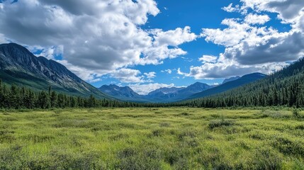 Breathtaking Scenic View of Lush Green Meadow Surrounded by Majestic Mountains and Vibrant Blue Sky with Fluffy Clouds in a Serene Wilderness Landscape