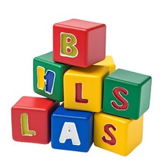 Educational soft foam ABC blocks with bold uppercase letters in a mix of primary colors, isolated on white background on white background - Image