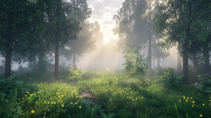 Enchanting Misty Forest Landscape with Sunlight Filtering Through Lush Green Trees and Vibrant Yellow Flowers in a Serene Natural Setting
