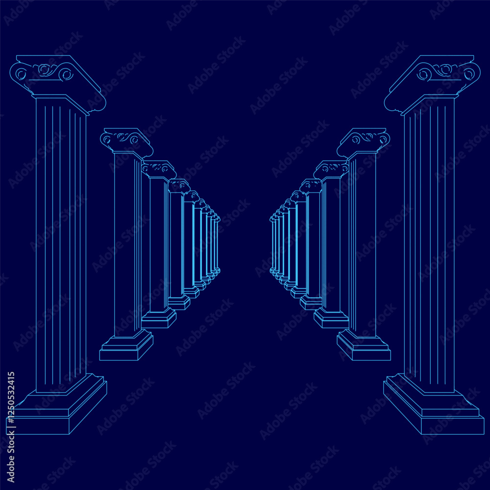 Aufkleber the image is a blue drawing of a long hallway with pillars lining the walls. the hallway appears to 