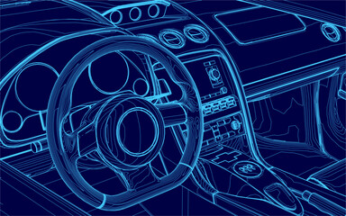 A blue car with a steering wheel and a dashboard. The steering wheel is in the center of the image