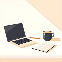Fototapeta premium Minimalist illustration a coffee cup, notebook, and laptop on a clean home office desk.