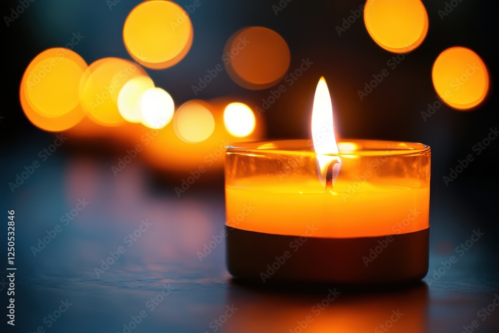Poster lit candle with bokeh lights.
