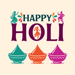 Colorful gulaal (powder color) Indian festival for Happy Holi card with dancing people and festive elements on vibrant background.