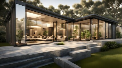 Fototapeta premium A modern glass house surrounded by greenery, featuring a spacious outdoor area.